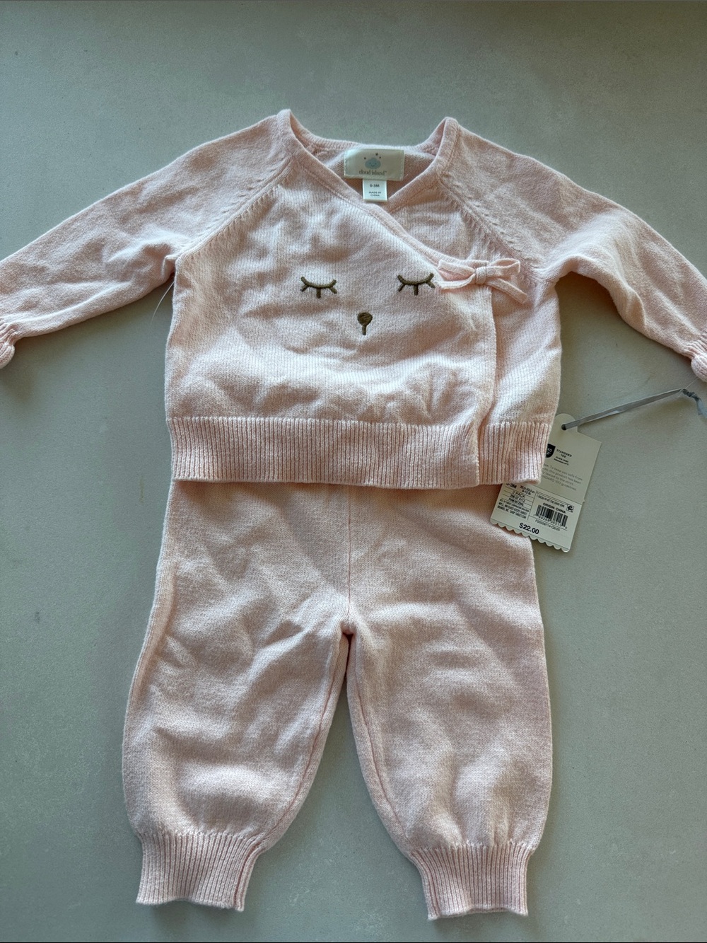 cloud island Pink Knit Set with Face Embroidery